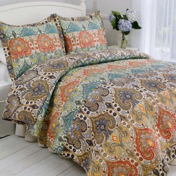 Hand-Sewn Genoa Paisley Twin Quilt 68x86 Cotton Reversible Bedspread Courtpointe - Picture 1 of 9